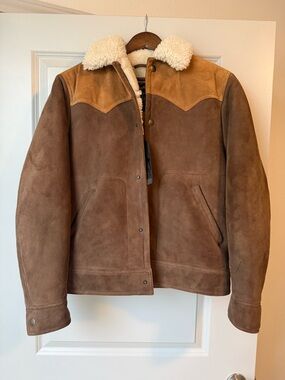 Brown Suede Shearling-Trim Trucker Coat